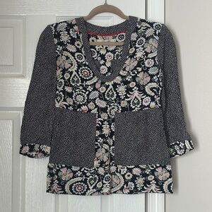 Boden Mollie Tunic Top Paisley Floral Polka Dot V-Neck Black White Size 4